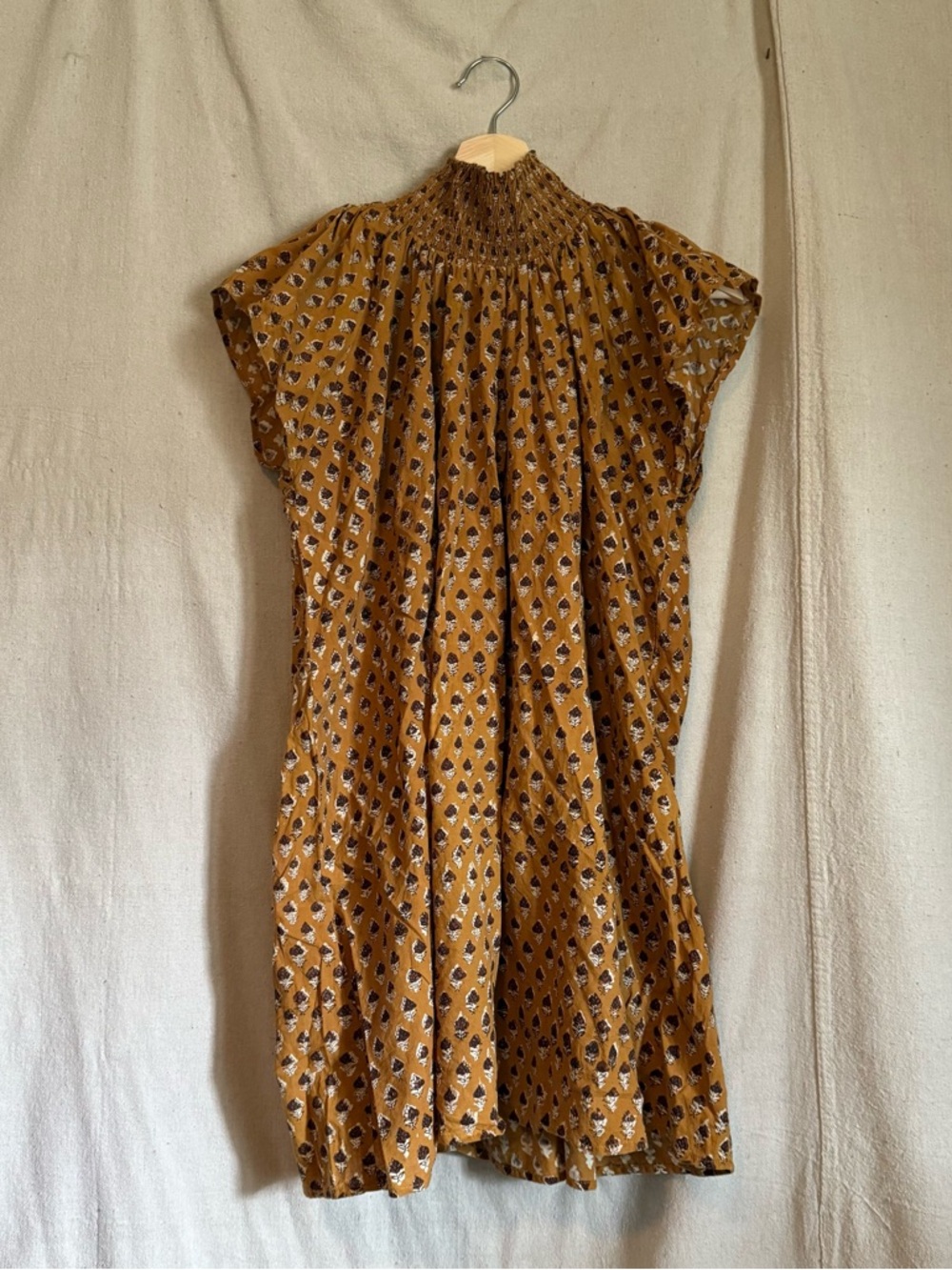 Smocked High-Neck Mustard Hand Block Print Dress